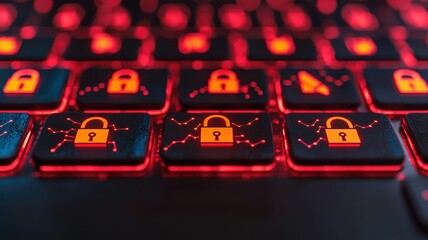 Aufkleber - A close-up of a keyboard featuring illuminated lock symbols, highlighting themes of cybersecurity and data protection with a vibrant red glow.