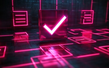 Poster - A glowing pink checkmark icon amidst digital data elements on a dark background, symbolizing approval and validation in technology.