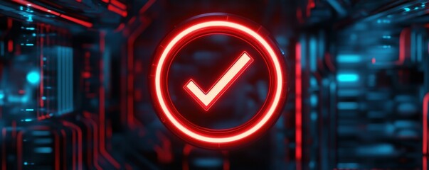 Poster - A glowing red checkmark symbol against a futuristic digital background, conveying approval or completion in a technology-themed setting.