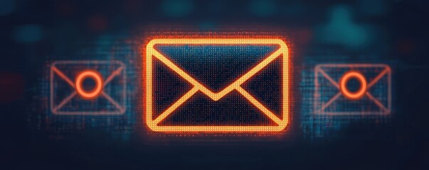Poster - An illuminated digital envelope graphic surrounded by smaller envelope icons, symbolizing email communication and digital interaction.