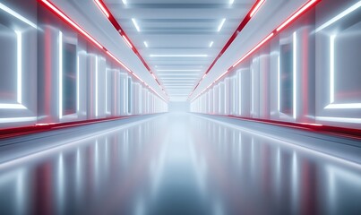 Poster - A futuristic hallway with glowing lights and a reflective floor, creating a sleek and modern atmosphere.