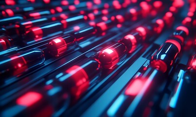 Aufkleber - A vibrant, abstract image featuring rows of glowing red cylindrical shapes, creating a dynamic and futuristic visual effect.