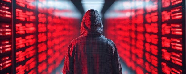 Poster - A mysterious figure in a hooded jacket stands amid rows of glowing red servers, evoking a sense of cyber intrigue and digital secrecy.
