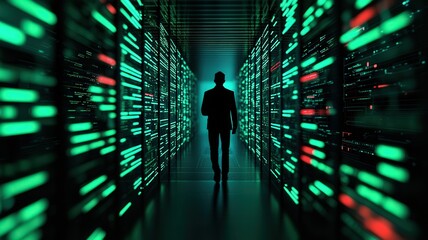 Poster - A silhouette of a person walking through a high-tech data center, illuminated by green and red lights amidst rows of servers.
