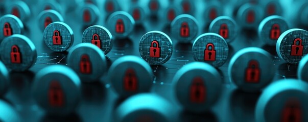 Poster - A digital representation of numerous round tokens featuring a lock symbol, suggesting themes of cybersecurity and data protection in a visually striking blue hue.