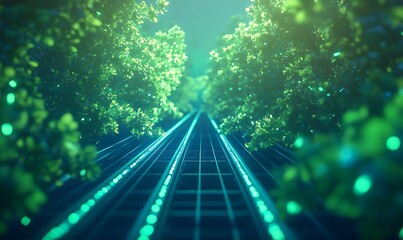 Aufkleber - A serene digital pathway through lush greenery, merging nature with futuristic technology, inviting exploration and serenity.