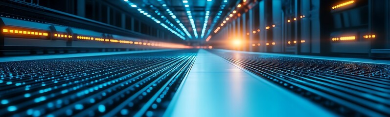 Leinwandbilder - A futuristic perspective of a brightly lit pathway with vibrant blue lights, showcasing a technological ambiance.