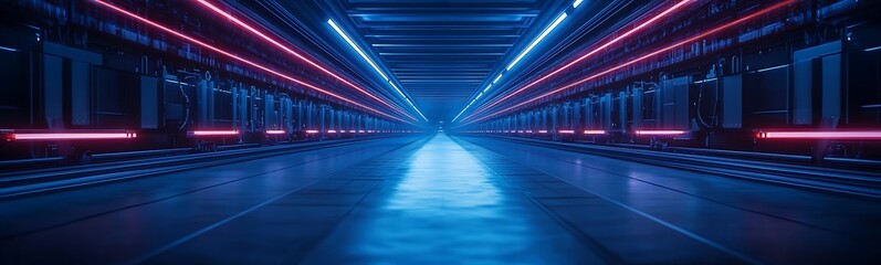 Poster - A futuristic corridor illuminated by vibrant blue and pink neon lights, creating a sleek, tech-inspired ambiance.