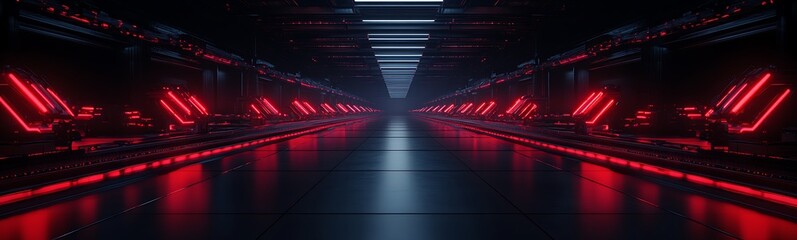 Poster - A futuristic corridor illuminated by red lights, featuring sleek lines and a reflective floor, creating a high-tech atmosphere.