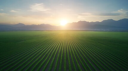 Poster - A serene landscape showcasing green fields under a sunrise, with mountains in the background, conveying tranquility and natural beauty.