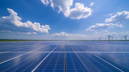 Poster - A sunny landscape showcasing solar panels under a blue sky with fluffy clouds, highlighting renewable energy and sustainability.