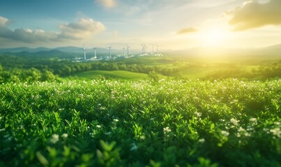 Poster - A serene landscape featuring vibrant green fields with distant wind turbines under a bright sunset sky.