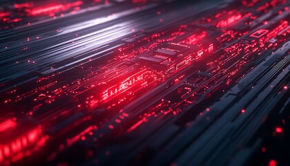 Leinwandbilder - A close-up view of glowing red circuits and patterns, evoking a sense of advanced technology and digital innovation.