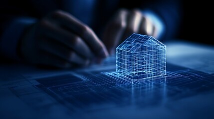 Poster - A person interacts with a digital 3D model of a house, showcasing a blend of technology and real estate design on a digital blueprint.