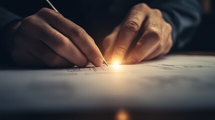 Aufkleber - A close-up of hands delicately drawing or crafting, with a bright light illuminating the workspace, showcasing a blend of artistry and craftsmanship.