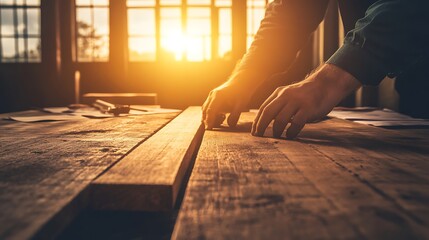 Poster - A craftsman works diligently on a wooden surface, with sunlight shining through a window, creating a warm and inviting atmosphere.