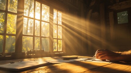 Poster - A warm, sunlit room with rays streaming through a window, illuminating a wooden table and a person's hand engaged in a thoughtful activity.