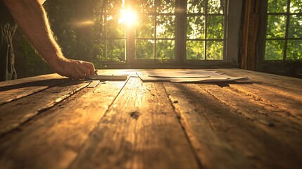 Aufkleber - A warm, sunlit scene shows a hand resting on an old, rustic wooden table, surrounded by greenery and soft natural light filtering through windows.