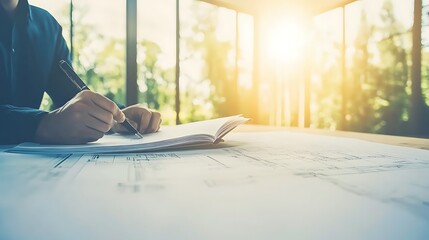 Aufkleber - A person sketches on a notepad in a bright, sunlit room with large windows surrounded by greenery, suggesting creativity and focus in a tranquil environment.