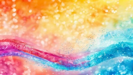Poster - Vibrant abstract waves of color flowing across a sparkling background, featuring shades of orange, pink, and blue in a dynamic design.