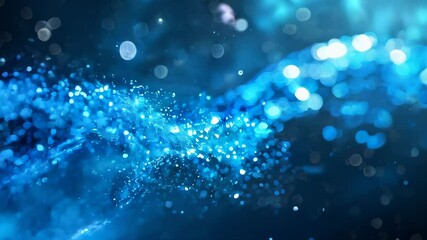 Poster - Elegant blue wave of glowing particles with bokeh light effects, creating a dynamic and ethereal atmosphere full of movement and sparkle.