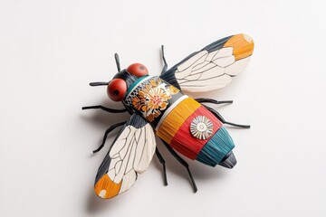 A multicolored paper art fly, isolate on white background, showcasing creative textures and designs.