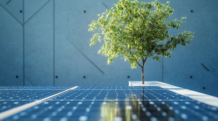 Wall Mural - A lush green tree stands atop solar panels, symbolizing the harmony between nature and renewable energy against a minimalist backdrop.