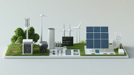 Wall Mural - The image depicts a miniature eco-friendly landscape featuring solar panels, wind turbines, and various sustainable energy elements.