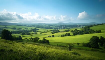 Poster - A lush, green landscape under a blue sky with clouds, featuring rolling hills and distant wind turbines.