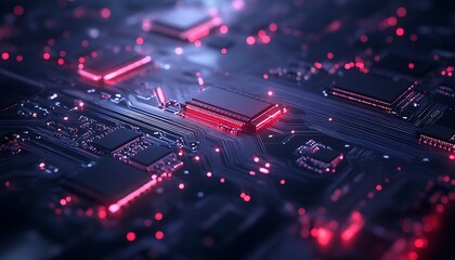 Aufkleber - A close-up view of a futuristic circuit board with glowing red elements, emphasizing technology and innovation.