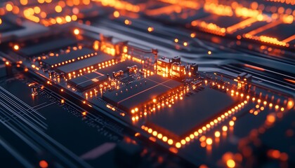Leinwandbilder - A close-up view of a circuit board illuminated by vibrant orange lights, showcasing intricate electronic pathways and components in a digital landscape.