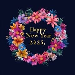  Vibrant Floral Wreath with Colorful Flowers and Happy New Year 2025 Greeting Against Dark Background for Festive Celebrations and Seasonal Events