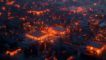 Poster - A stunning aerial view of a glowing cityscape, showcasing intricate patterns of light amidst a dark background, resembling a vibrant electronic circuit.