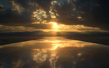 Aufkleber - A serene sunset reflecting on still water, surrounded by majestic mountains under a dramatic sky.