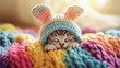 © Madlen Gray - Sleeping kitten wearing a bunny hat curled up on a colorful knitted blanket in a cozy indoor setting