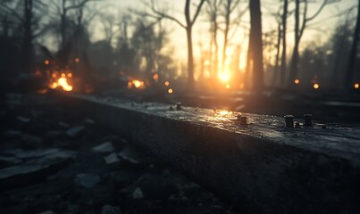 Aufkleber - A serene sunset behind trees, illuminating a burned landscape, with remnants of ash and debris reflecting the last light of day.