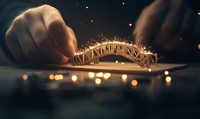 Poster - A craftsman meticulously constructs a glowing miniature bridge with delicate hands, surrounded by twinkling lights and a dark backdrop.