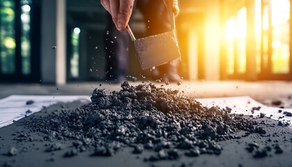 Poster - A construction worker is smoothing out concrete with a trowel, surrounded by gravel, as sunlight streams through a building under construction.