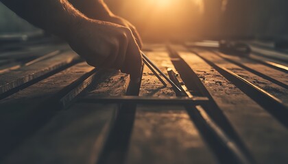 Aufkleber - A close-up of a hand using a caliper on wooden planks, illuminated by warm sunlight, showcasing craftsmanship and precision in woodworking.