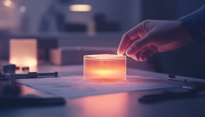 Fototapete - A hand reaches for a glowing candle in a dimly lit room, illuminating a serene atmosphere enhanced by warm light.