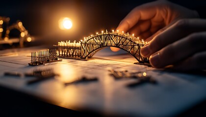 Fototapete - A hand delicately constructs a lit bridge model, surrounded by tools and a warm glow, emphasizing creativity and craftsmanship.