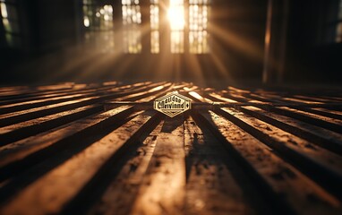 Poster - A sunbeam illuminates a textured wooden floor, highlighting a central emblem, creating a serene and nostalgic atmosphere.