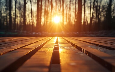 Aufkleber - A serene sunset view through trees, with a wooden pathway leading towards the glowing horizon.