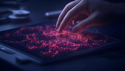 Leinwandbilder - A glowing touch interface displays intricate red patterns as a hand interacts with the digital surface, evoking a sense of technology and innovation.