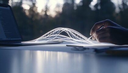 Leinwandbilder - A glowing light wave emanates from a hand, creating a visual representation of data or connectivity, with a laptop nearby and a serene forest backdrop.