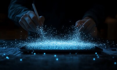 Poster - A person creates a captivating display of light particles while interacting with a glowing surface, emphasizing creativity and technology.
