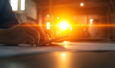 Poster - A hand using a smartphone while warm sunlight streams through a window, creating a cozy, inviting atmosphere in an indoor setting.