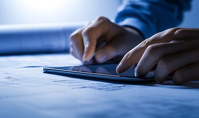 Aufkleber - A person's hands using a smartphone on a blueprint, creating a modern connection between technology and architecture.