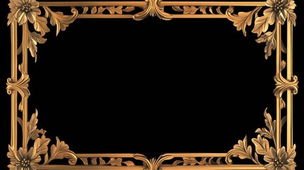Elegant symmetrical gold-bordered floral frame on black background, with intricate leaf and flower designs for a timeless look.