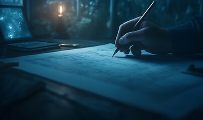 Poster - A hand writing on paper in dim light, surrounded by nature, with a laptop nearby, creating a serene and contemplative atmosphere.